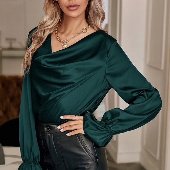 Satin silky long sleeve ruffle cuff cowl neck swoop blouse burgundy red - Picture 10 of 12